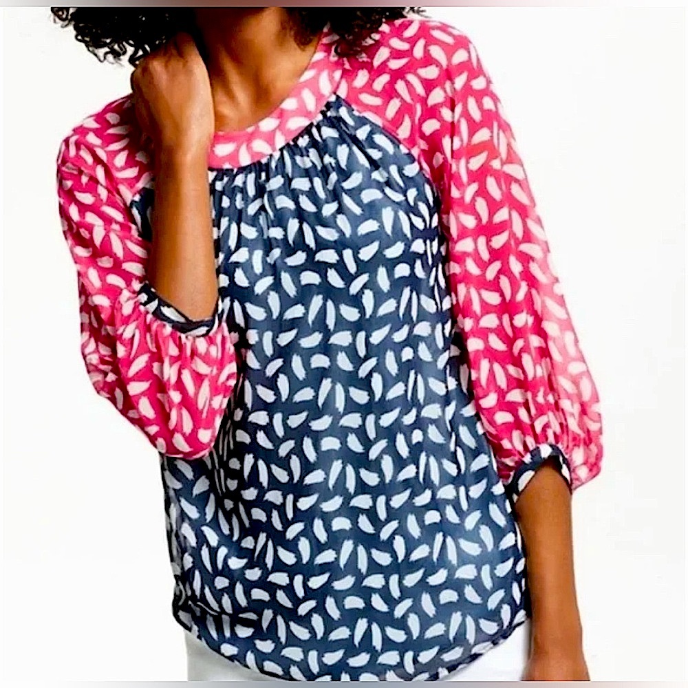 BODEN Womens Sylvie Pink Navy Brushstroke Print 3/4 Sheer Sleeve Blouse Size 4
